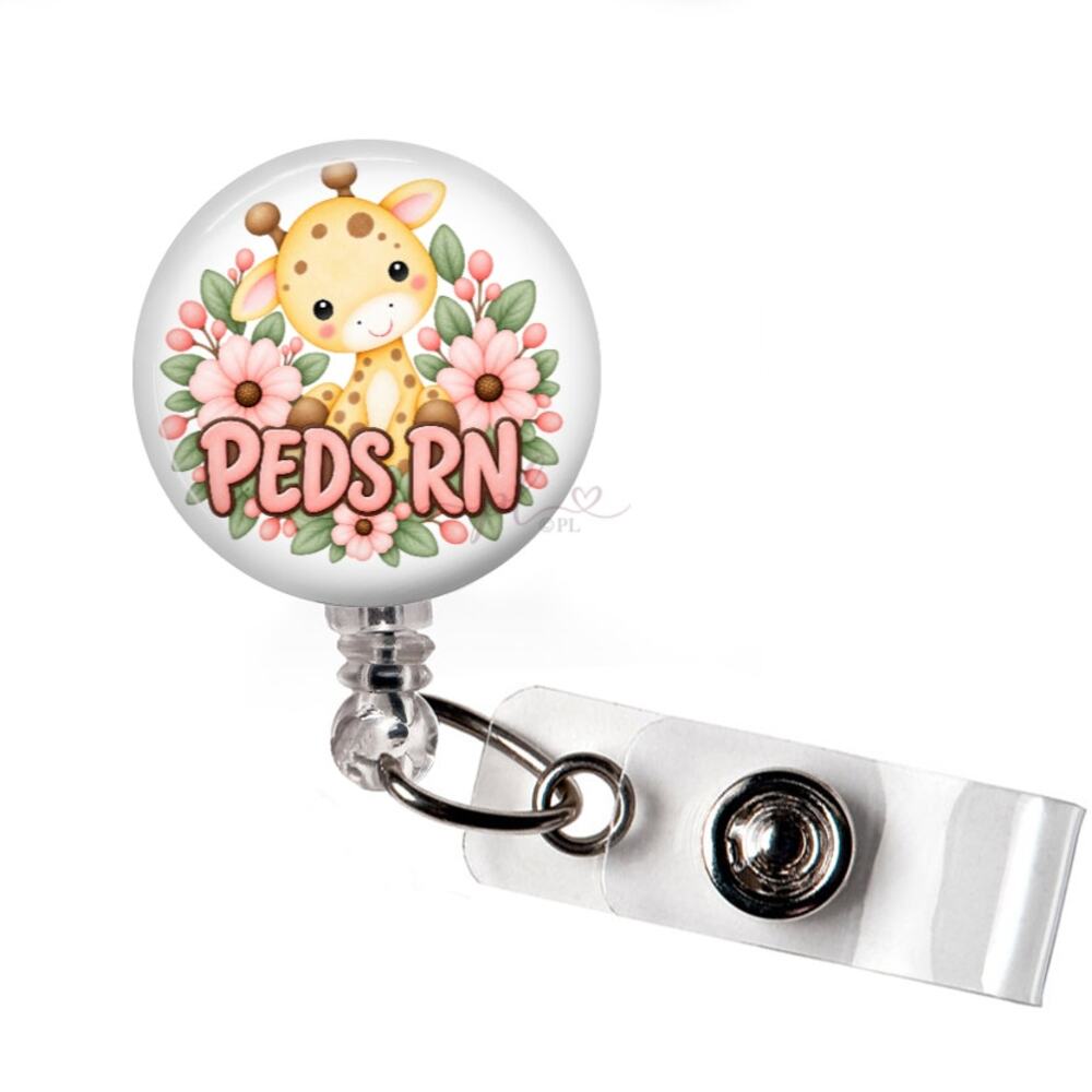 PEDS RN Badge Reel Pediatric Registered Nurse Cute Giraffe Floral ID Holder Gift
